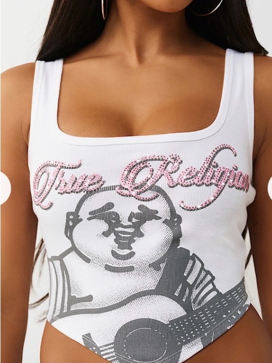 True Religion Tops - True Religion White Ribbed Tank with Pink Rhinestone Script